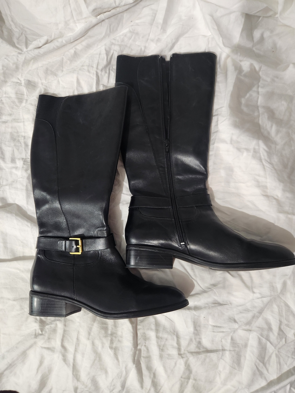 Lauren Ralph Lauren Mackenzie Black Leather Tall Boots Women 10B Side Zip Buckle